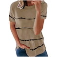 thumbnail image 1 of Women's Casual Tops Striped Casual Loose Fit Curved Hem Short Sleeve Shirts Summer Crew Neck Blouses (5XL, Khaki), 1 of 6