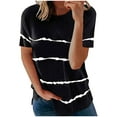 thumbnail image 1 of Women's Casual Tops Striped Casual Loose Fit Curved Hem Short Sleeve Shirts Summer Crew Neck Blouses (L, Black), 1 of 6