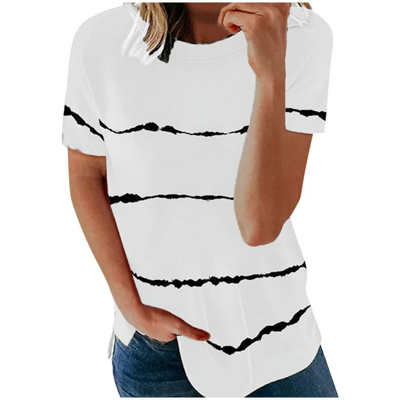 Women's Casual Tops Striped Casual Loose Fit Curved Hem Short Sleeve Shirts Summer Crew Neck Blouses (M, White)