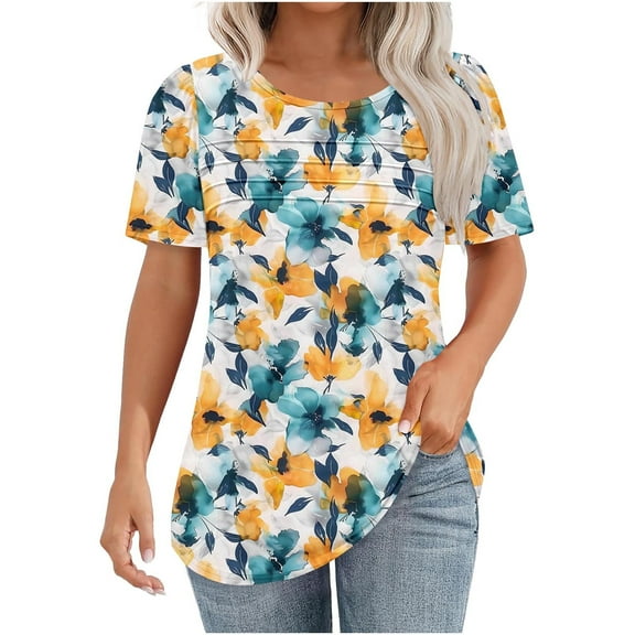 Women's Casual Tops Summer Short Sleeve T-Shirts Fashion Floral Prints Chest Pleated Blouses Lightweight Loose Round Neck Pullover Top