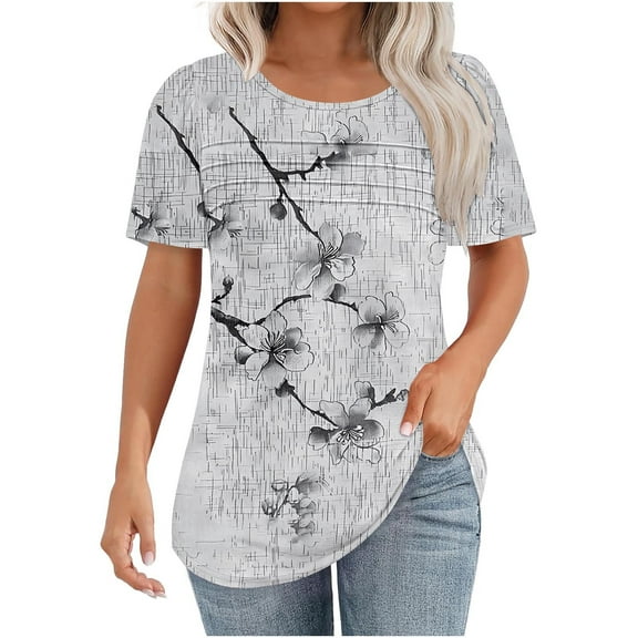 Women's Casual Tops Summer Short Sleeve T-Shirts Fashion Floral Prints Chest Pleated Blouses Lightweight Loose Round Neck Pullover Top
