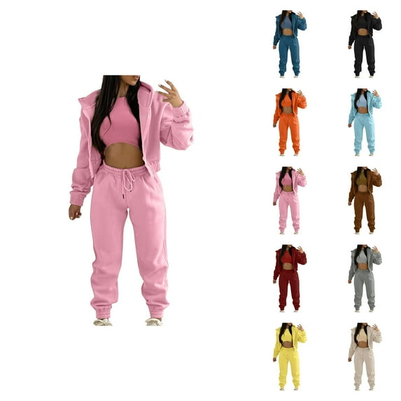 Women's Casual Tracksuit Autumn And Winter Top Vest Pant Set Fashionable Solid Color Zipper Hooded Sweatshirt Pants Casual Three Piece Set Capris Women