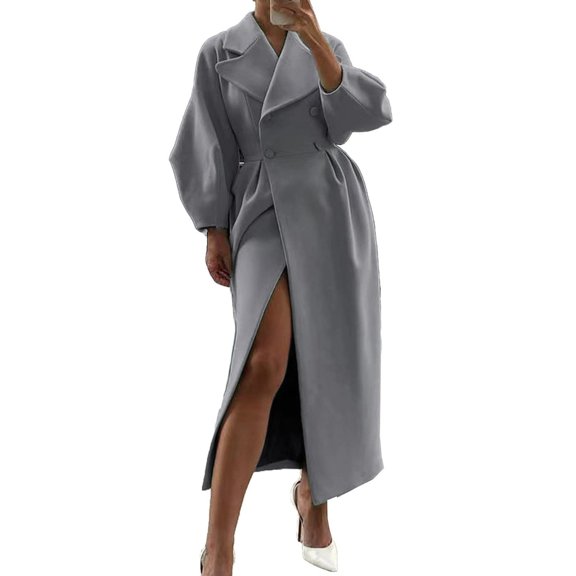 Women's Casual Trench Coat Double Notched Lapel Long Sleeve Jacket Overcoat Coat