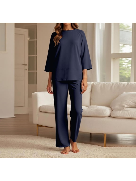 Women's Casual Trousers Suit Set Comfortable Round Neck Long Pants Outfit For Daily Wear Vacation Spring Summer Fall Dress And Coat Set for Women Women Suits Junior Pant Suits Stretch Suit Women