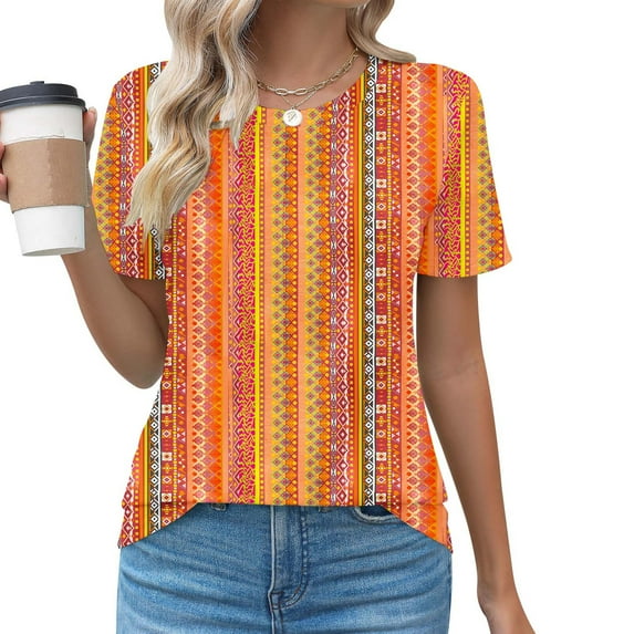 Women's Casual Tshirts Short Sleeve Polyester T Shirts Summer Trendy Pleated Front Crewneck Color Block Tops (M, Orange)