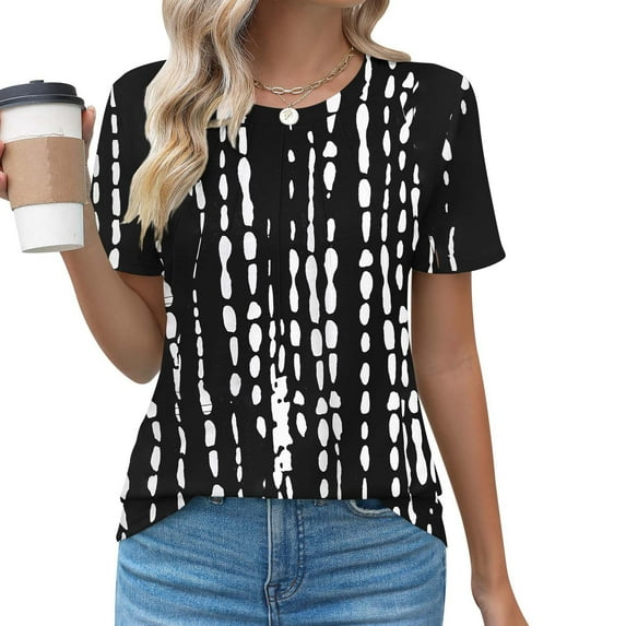 Women's Casual Tshirts Short Sleeve Polyester T Shirts Summer Trendy Pleated Front Crewneck Color Block Tops (XL, Black 02)