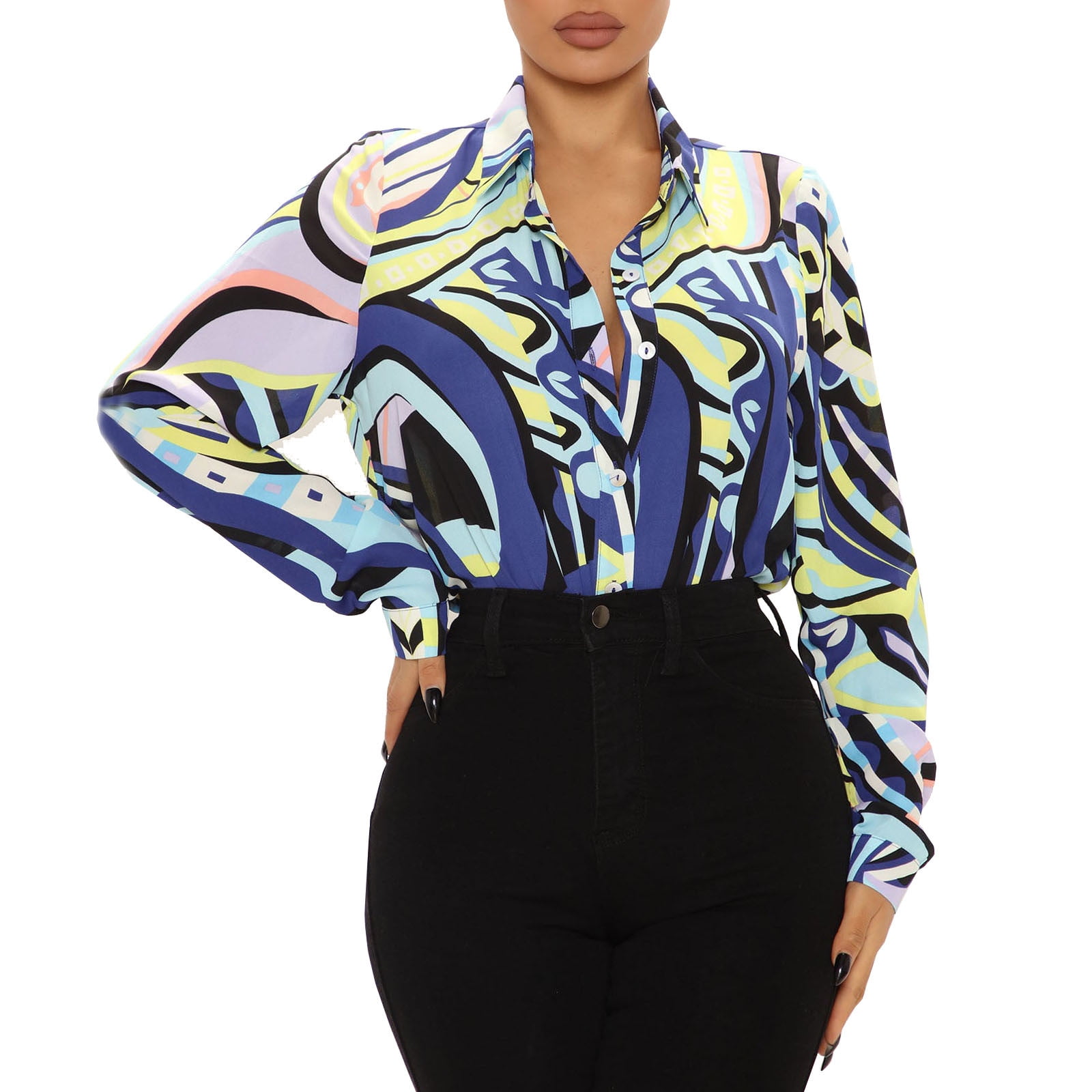 Women's Casual Tunic Fashion Summer Turndown Collar T-Shirt Printed Long Sleeve Tops Plus Size Blouses Shirt Dressy for Fall