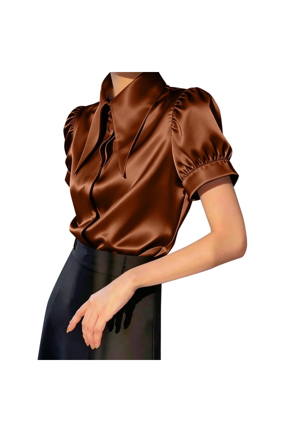 Women's Casual Turndown Collar Blouse Lace Short Sleeve Tops T-Shirt for Comfortable Office Business Casual Wear Bronze M