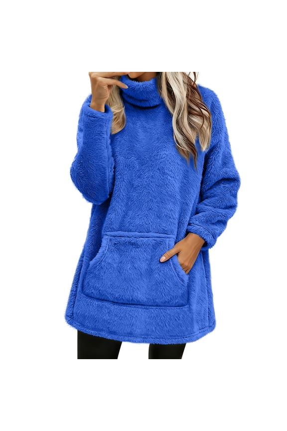 Women's Casual Turtleneck Fleece Pullover, Warm Turtleneck Fleece Sweater Women's Extra Long Sherpa Lined Fleece Sweatshirt Mock Neck Fleece Cozy Fleece Turtleneck Pullover, Blue M