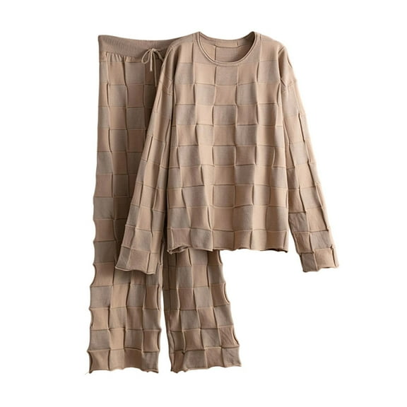 Women's Casual Two Piece Knit Set Elastic Waffle Sweater Drawstring Pullover Sweaters Tops Round Neck Jumper Long Sleeve Blouse Suit Splice Patchwork Loungewear