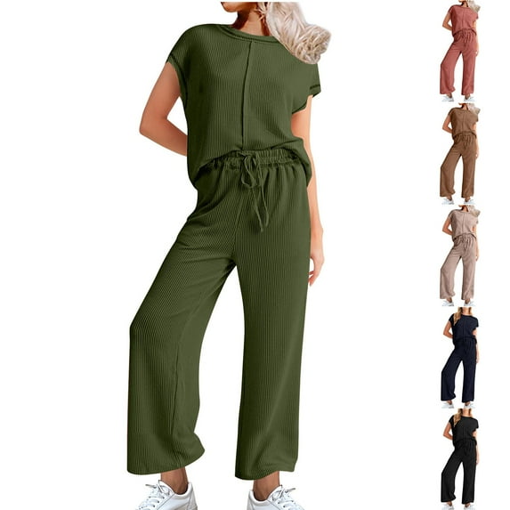 Women’s Casual Two Piece Outfit Short Sleeve Loose Top Wide Leg Pants Lounge Set Summer Beach Vacation Tracksuit
