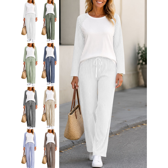Women's Casual Two Piece Outfit Striped Long Sleeve Top and Drawstring Straight Leg Pants Set for Loungewear Travel and Everyday Wear