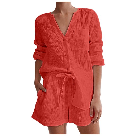 Women's Casual Two Piece Pajama Set Long Sleeve V Neck Button Shirt With Shorts Comfortable Loungewear Outfit Sleepwear Nightwear