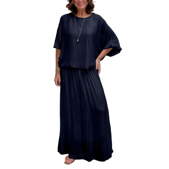 Women's Casual Two Piece Set Chiffon Dressy Suit Crew Neck Top Flowy Wedding Guest Outfit 2025 Black L