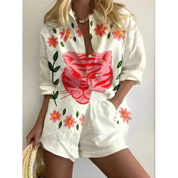 Women's Casual Two-Piece Set: Cotton-Linen Printed Shirt and Shorts