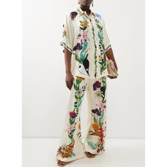 Women's Casual Two-Piece Set Floral Print Shirt and Pants Set