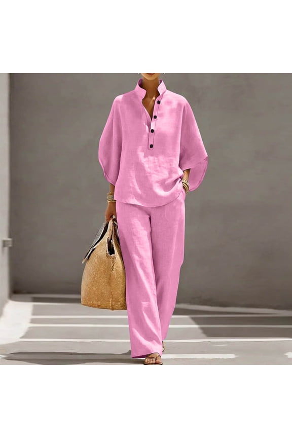 Women's Casual Two Piece Set, Linen Button Neck 3/4 Sleeve Blouse and Elastic Waist Trousers Comfy Loungewear Outfits S