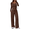 thumbnail image 1 of Women's Casual Two Piece Set, Slim Fit U Neck Long Sleeve Top and Wide Leg Pants, Elastic Drawstring Waist Set, Sporty Matching Outfit, Athleisure Set Coffee M, 1 of 9
