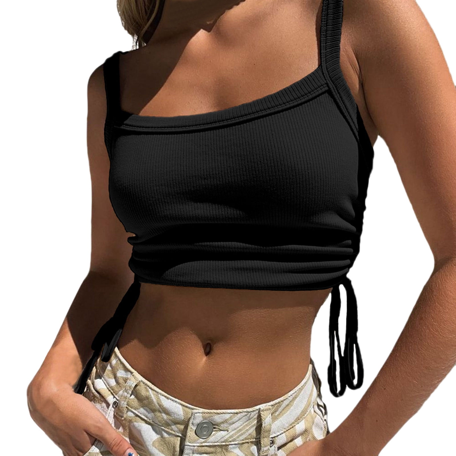 Women's Casual U Neck Tank Top Tshirts Sleeveless Glitter Ruched Strappy  Cami Tank Summer Blouse Top Women Loose Black Strap Top Women 