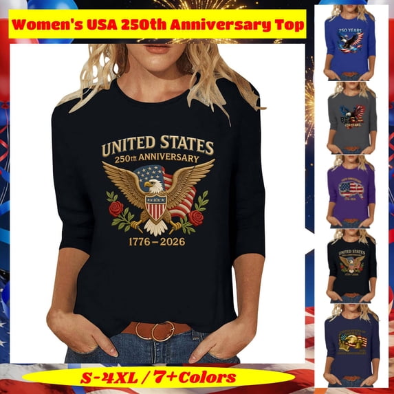 Women's Casual USA 250th Anniversary Printed 3/4 Sleeve T-Shirt, Round Neck Pullover Blouse, Soft Lightweight Summer Spring Tops, Fashion Daily Clothing, Size S-4XL