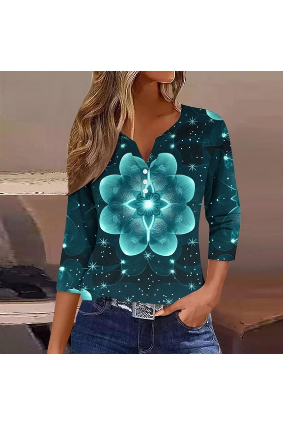 Women's Casual V-Neck 3/4 Sleeve Button Down Floral Print Blouse Top for Spring and Summer Fashion Outfit, Limited Time Under 10 Dollars SA-526