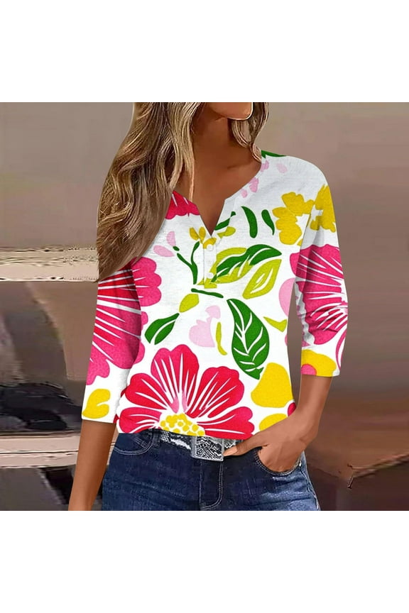Women's Casual V-Neck 3/4 Sleeve Button Down Floral Print Blouse Top for Spring and Summer Fashion Outfit, Limited Time Under 10 Dollars SA-526