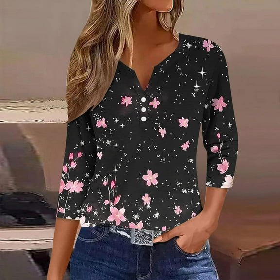 Women's Casual V-Neck 3/4 Sleeve Button Down Floral Print Blouse Top for Spring and Summer Fashion Outfit, Limited Time Under 10 Dollars SA-526