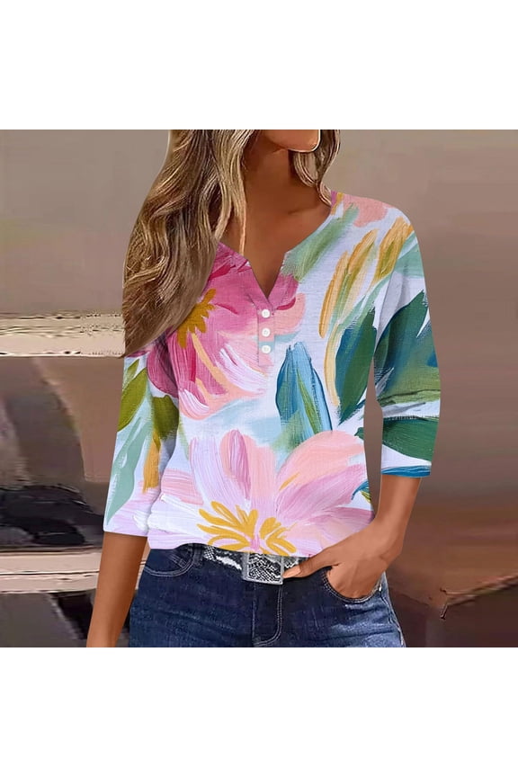 Women's Casual V-Neck 3/4 Sleeve Button Down Floral Print Blouse Top for Spring and Summer Fashion Outfit, Limited Time Under 10 Dollars SA-527
