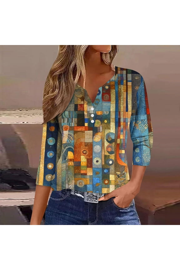 Women's Casual V-Neck 3/4 Sleeve Button Down Floral Print Blouse Top for Spring and Summer Fashion Outfit, Limited Time Under 10 Dollars SA-527