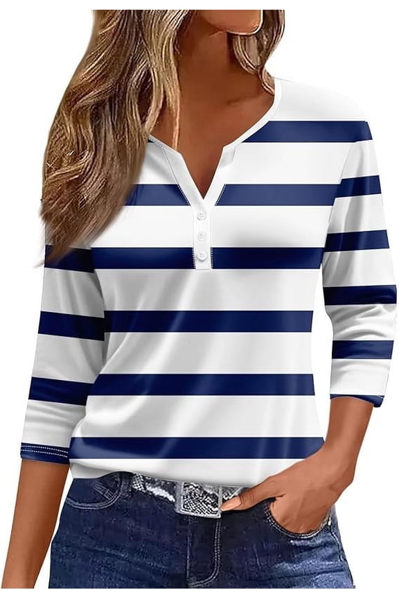 Women's Casual V-Neck 3/4 Sleeve Striped Comfort Button Down Floral Print Blouse Top Trendy Relaxed Fit Casual Blouse Summer Tunics Boho Loose Fit Dressy Casual T Shirts