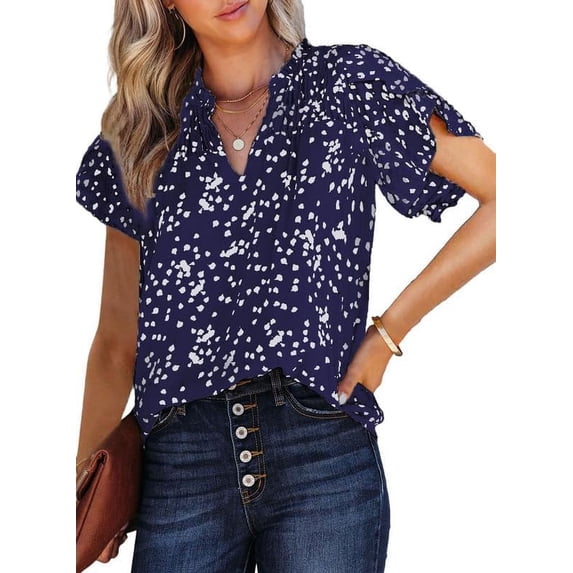 Women's Casual V Neck Alicia Floral Print Smocked Short Sleeve Chiffon Blouses Bohemian Top Shirts