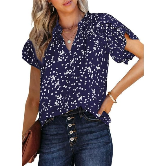 Women's Casual V Neck Alicia Floral Print Smocked Short Sleeve Chiffon Blouses Bohemian Top Shirts