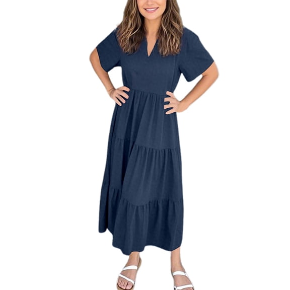 Women's Casual V Neck Ankle Length Dress With Layered Design And Pockets For Spring Summer Outdoor Wear