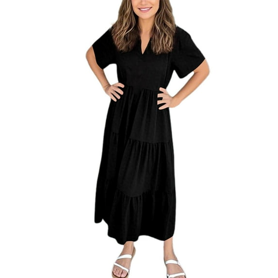 Women's Casual V Neck Ankle Length Dress With Layered Design And Pockets For Spring Summer Outdoor Wear