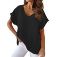 thumbnail image 1 of Women's Casual V Neck Bat Sleeve Blouse Elegant Solid Color T-Shirt Fashion Splice Top Comfortable Stylish Tee, 1 of 2