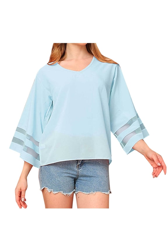Women's Casual V Neck Blouse 3/4 Bell Sleeve Mesh Panel Shirts Dressy Business Casual Loose Tunic Top Light Blue S