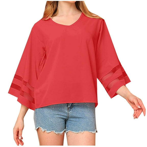 Women's Casual V Neck Blouse 3/4 Bell Sleeve Mesh Panel Shirts Dressy Business Casual Loose Tunic Top Red S