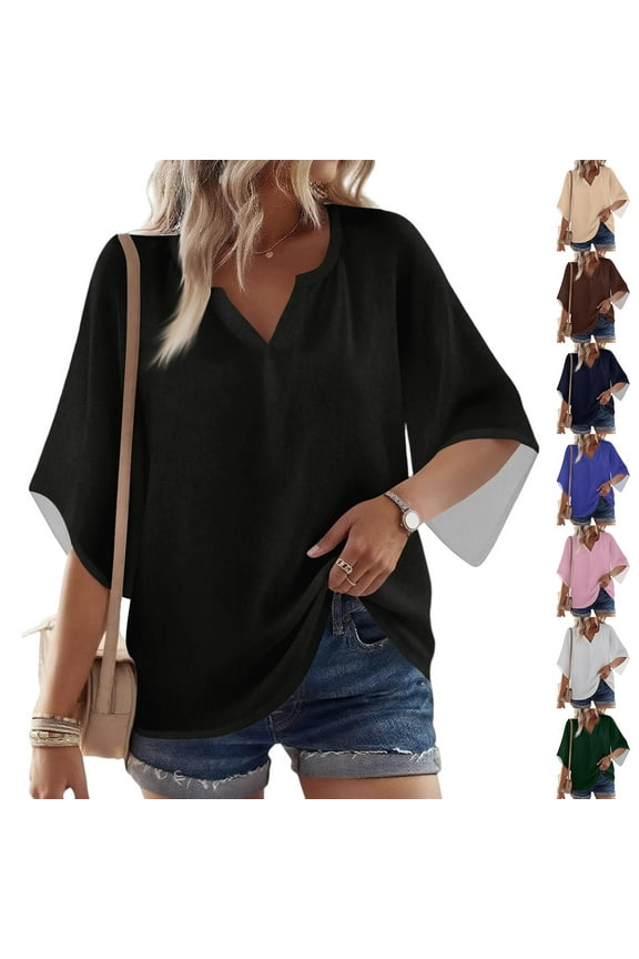 Women's Casual V-Neck Blouse 3/4 Sleeve Paisley Print Loose Tunic Top Blue 2XL