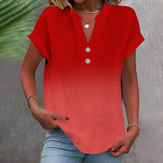 Women's Casual V-Neck Blouse, Short Sleeve Printed Button Down T-shirt, Lightweight Comfy Top for Home and Daily Wear