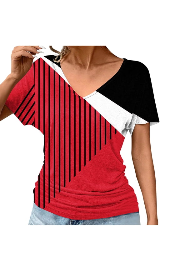 Women's Casual V-Neck Blouse, Short Sleeve Printed Top with Dolman Sleeve and Side Gathers, Soft Stretch Fabric for Daily Wear