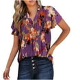 thumbnail image 1 of Women's Casual V-Neck Boho Floral Tops Ruffle Short Sleeve Blouse Pleated Babydoll T Shirt Purple,L, 1 of 5