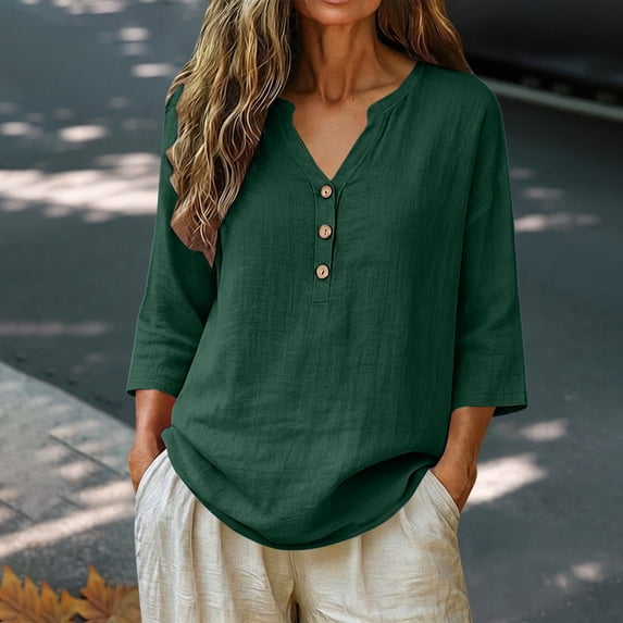 Women's Casual V Neck Button 3/4 Sleeve Linen Blouse Loose Fit Color Tops for Summer