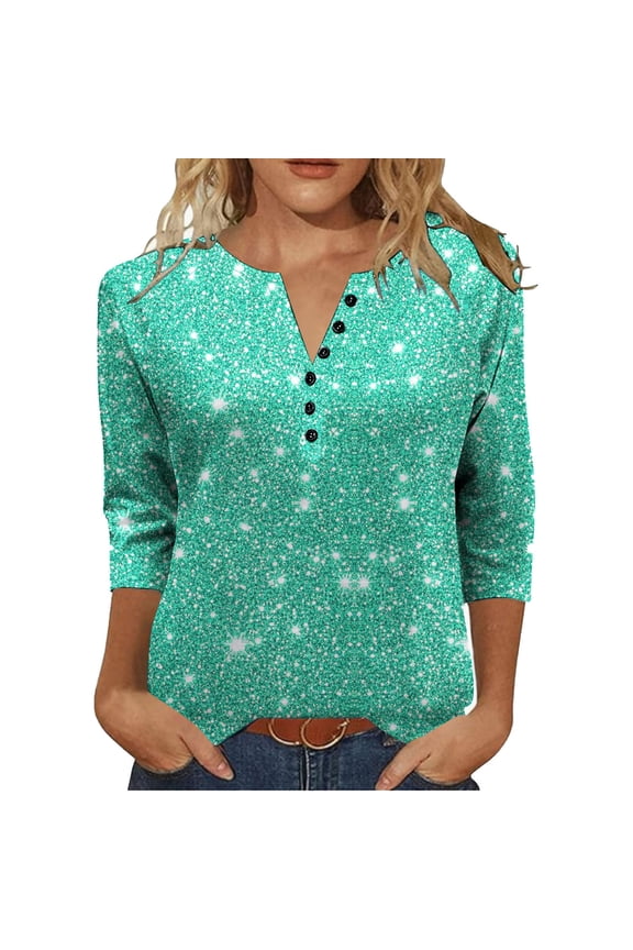Women's Casual V-Neck Button Down 3/4 Length Sleeve Raglan T-Shirt Loose Top