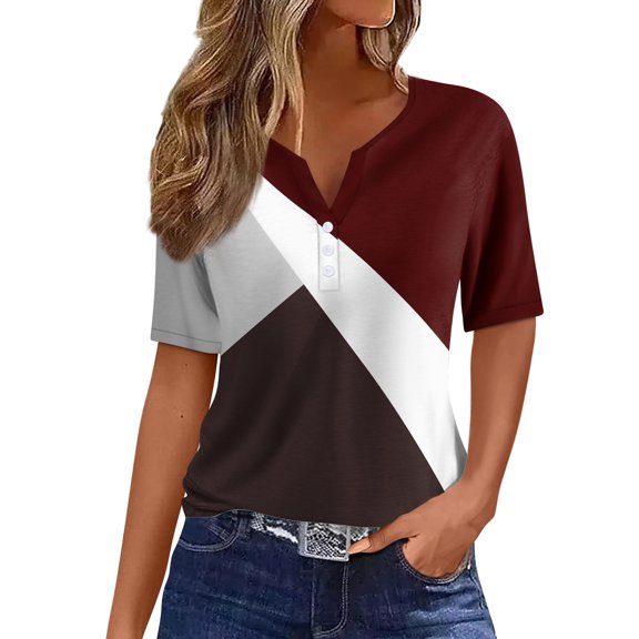 Women's Casual V-Neck Button Down Geometric Print Short Sleeve Blouse Fashionable Summer Top for Everyday Wear
