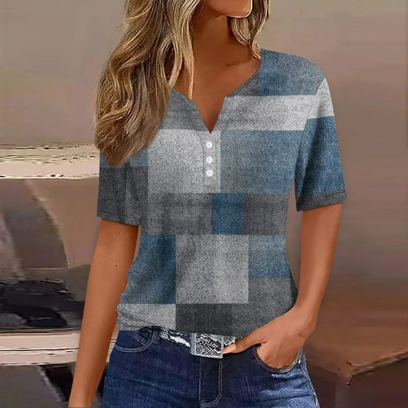 Women's Casual V-Neck Button Down Geometric Print Short Sleeve Blouse Fashionable Summer Top for Everyday Wear