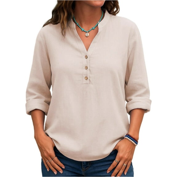 Women’s Casual V Neck Button Down Long Sleeve Blouse – Lightweight Solid Color Polyester Shirt, Comfortable Work Top Beige