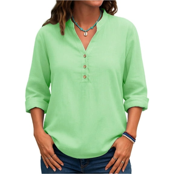 Women’s Casual V Neck Button Down Long Sleeve Blouse – Lightweight Solid Color Polyester Shirt, Comfortable Work Top Green