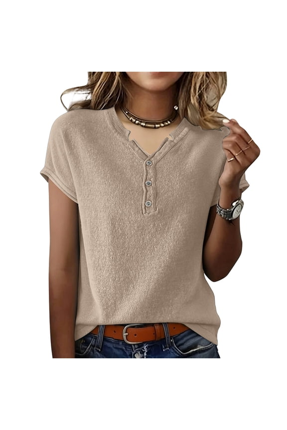Women's Casual V Neck Button Down Short Sleeve Tops Loose Fit Basic Summer Tees for Women Camel 2XL