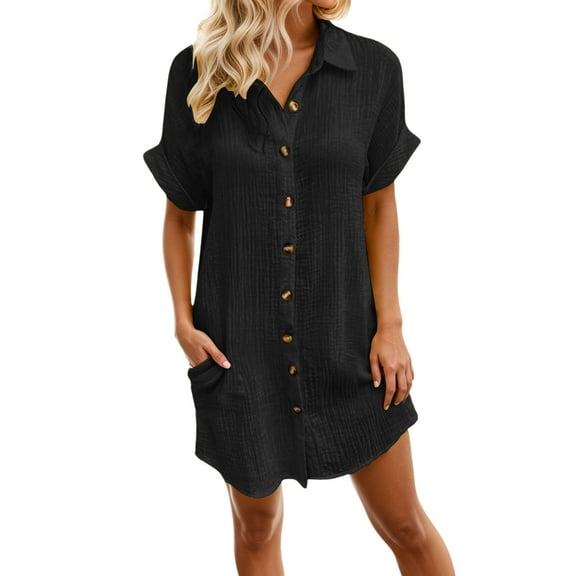 Women's Casual V Neck Button Down Dress with Pockets Versatile Summer Fall Everyday Wear Relaxed Fit Work Party Outfits Womens Casual Trendy Midi Dresses