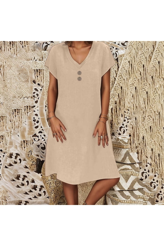 Women's Casual V Neck Button Down Dress for Summer Daily Wear Basic Style Comfortable Flowy Loose Fit Womens Fashion Platform Comparable Style Brown S